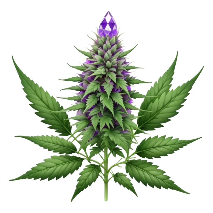 Cannabis plant with purple buds, crystal trichomes, and small wedding elements, wedding crasher strain sticker