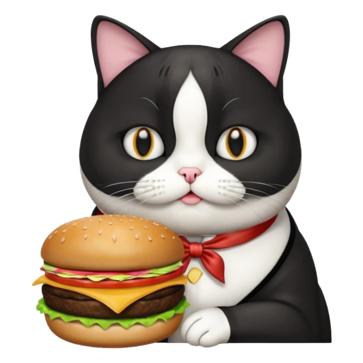 fat tuxedo cat eating a hamburger sticker