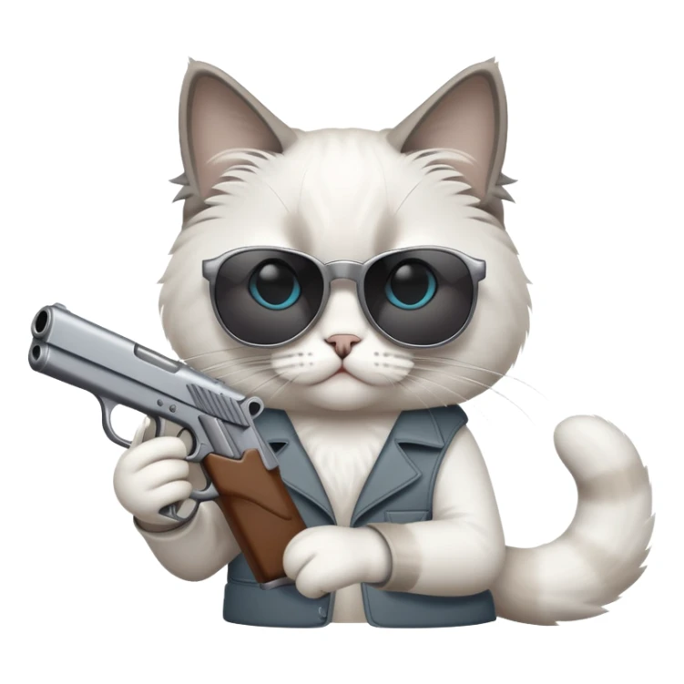 One ragdoll cat with sunglasses holding a gun sticker