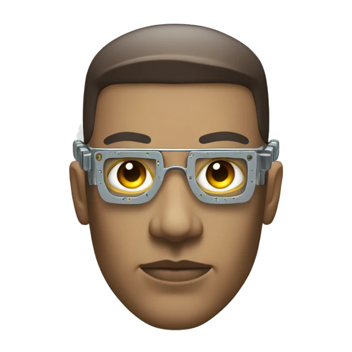 Male cyborg head with metallic plated face, brown flat top, glasses and circuits sticker
