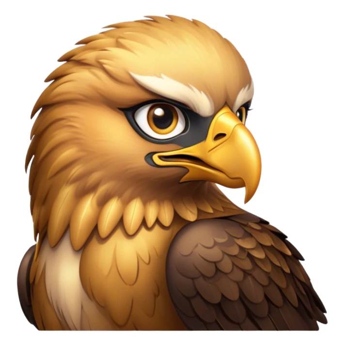 Cinematic Cute Golden Eagle Portrait Emoji, Head tilted playfully and inquisitively, featuring a compact, streamlined form with subtly ruffled, golden plumage and round, sparkling eyes full of spirited charm, Simplified yet irresistibly adorable features, highly detailed, glowing with a warm, inviting glow, high shine, affectionate and lively, stylized with a touch of whimsical aerial grace, soft glowing outline, capturing the essence of a mischievous yet endearing golden eagle that seems as if it could glide out of the screen into your heart! sticker