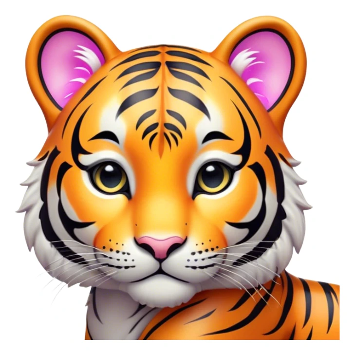 Cinematic Cute Tiger Portrait Emoji, Head tilted playfully and inquisitively, with a sleek, graceful form accented by vivid stripes and round, sparkling eyes filled with charm, Simplified yet irresistibly adorable features, highly detailed, glowing with a warm, inviting wild glow, high shine, affectionate and lively, stylized with a touch of whimsical feline grace, soft glowing outline, capturing the essence of a mischievous yet loving tiger that seems as if it could leap out of the screen into your arms! sticker