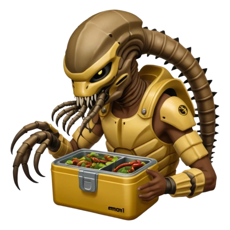 The Predator with full armor and mask eating an Alien facehugger from a lunchbox, the setting should be dark and real. sticker