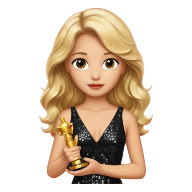blonde model, brown eyes, long wavy hair, oscars red carpet, black sequin, holding oscar sticker