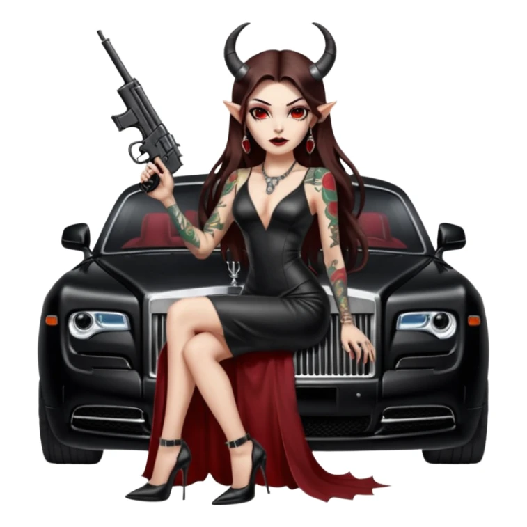 Lilith model red eye sexy black  devil horns.  long brown haired sexy succubus woman with leather long dress slit, sitting on rolls Royce. Wearing Black Platform high heels on feet. Tattoo sleeve arms, she has stacks of cash and a man dead human skull is on top of stack of cash and a gun in  hand sticker