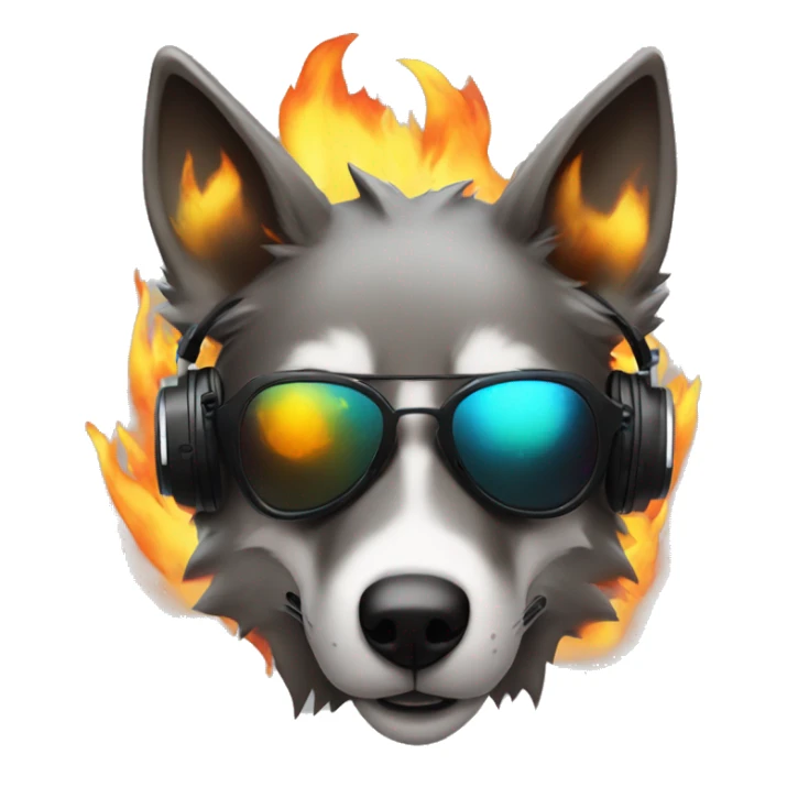 A beautiful cyberpunk Wolf on fire around wearing sunglass and headphones sticker