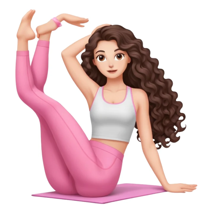 beautiful brunette with a light balayage white girl with nice defined and long curls , very long hair, clean girl makeup STRETCHING IN LIGHT PINK GYM sticker