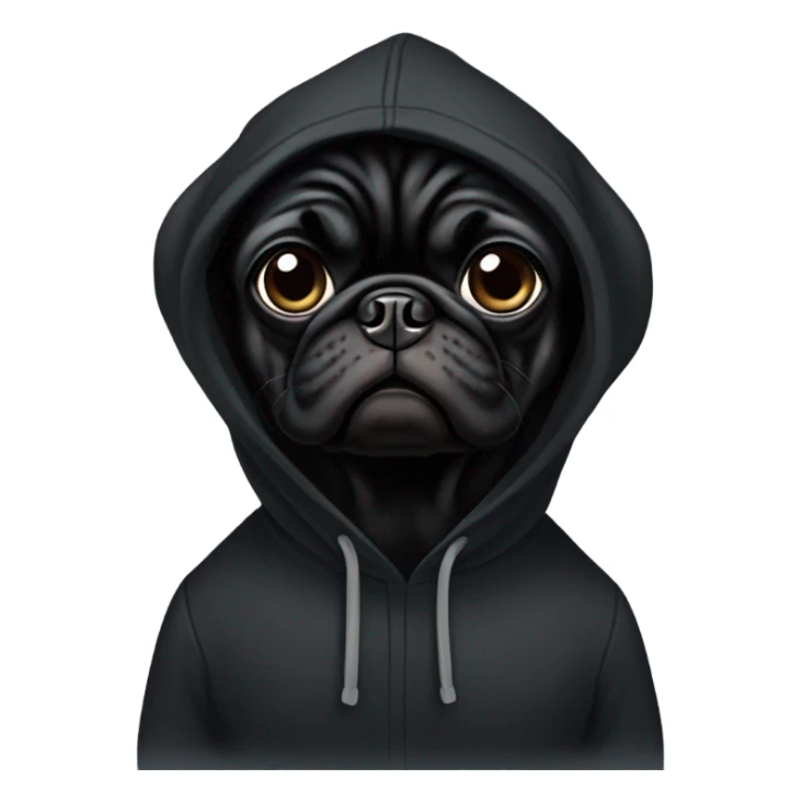 Black pug wearing a black hoodie sticker
