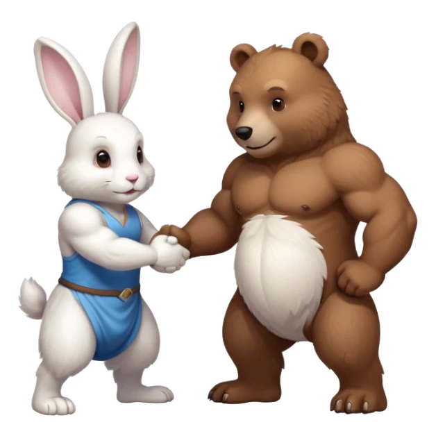 create one brown bear and one white rabbit with muscle body doing a handshake sticker