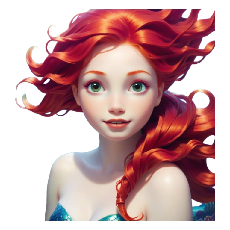 Cinematic Realistic Red Hair Mermaid Portrait, head tilted dramatically with an exaggeratedly amused expression, featuring a striking, vibrant form with meticulously detailed, flowing red hair and luminous porcelain skin. Her expressive eyes burst with playful marine mischief, rendered with dynamic underwater lighting and vibrant textures that convey an air of cheeky oceanic whimsy and over‐the‐top mermaid charm. sticker