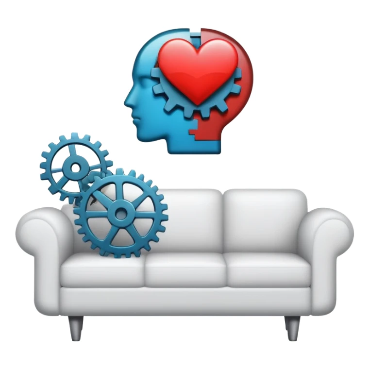 An icon featuring a human head silhouette with gears and a heart inside, symbolizing psychology. The design includes a therapy couch and a speech bubble, representing mental health and communication. Transparent background highlights the study of the human mind and behavior. sticker
