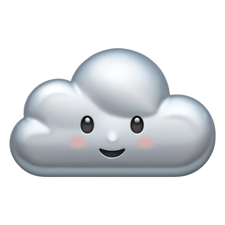A cute cloud emoji made of silver chrome, smooth rounded shape, glossy metallic surface, soft reflections, minimal and friendly design, iOS emoji style, centered, clean white background, soft lighting sticker