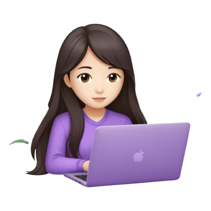 Long hair brunette Asian girl working on lavender laptop sticker