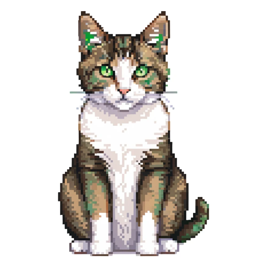 Brown, white, and black tabby cat with green eyes sitting to show its white belly, pixelated art sticker