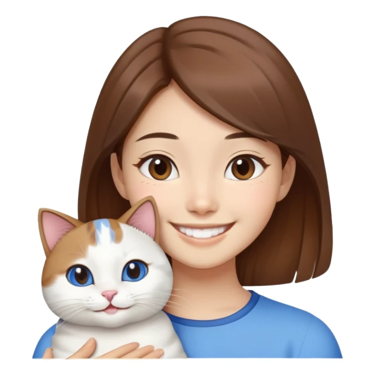 brown-haired Asian girl with her blue and white Manchikon cat, both smiling sticker