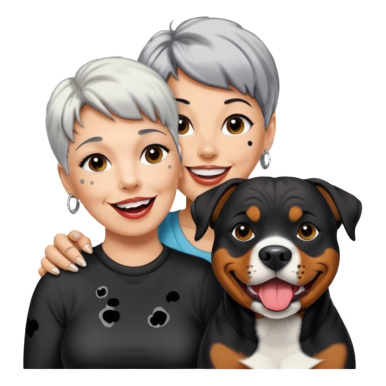 Pitt bull rottweiler white muzzle with black spots tongue out next to older woman with short silver hair sticker