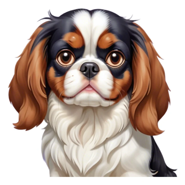 Cinematic Grumpy Tri-Colour Cavalier King Charles Spaniel Portrait Emoji, Head tilted slightly with a deeply unimpressed expression, thick tri-colour fur with pronounced black, white, and tan markings, large, droopy brown eyes narrowed into an unamused glare, ears slightly drooping in exasperation, Simplified yet comically expressive features, highly detailed, glowing with a dry, sarcastic glow, high shine, effortlessly judgmental yet dignified, stylized with a touch of cynicism, bright but brooding, soft glowing outline, capturing the essence of an eternally unimpressed yet endearing companion, so lifelike it feels like it could sigh heavily at you in disdain at any moment! sticker
