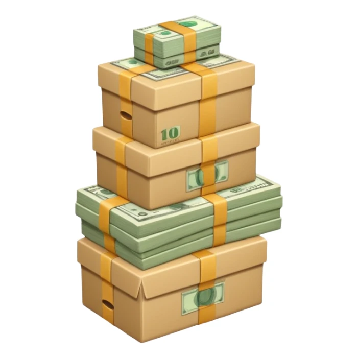 create a realistic emoji showing money on llogistic boxes sticker