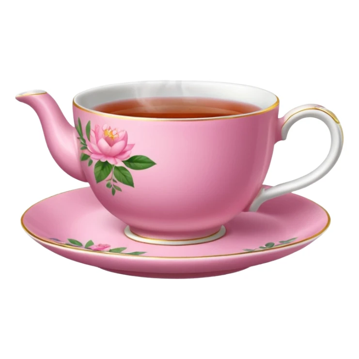 strong pink teacup filled with tea, placed on a matching pink saucer, with gentle steam rising from the cup.  sticker
