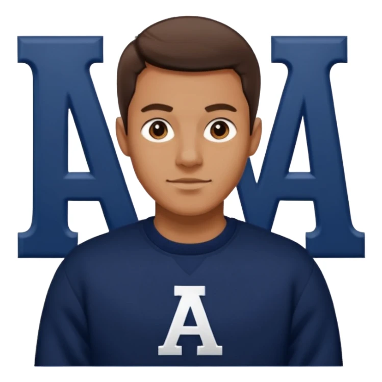 man wearing a dark navy sweater with a giant white letter A on the upper right of the chest in collegiate font sticker