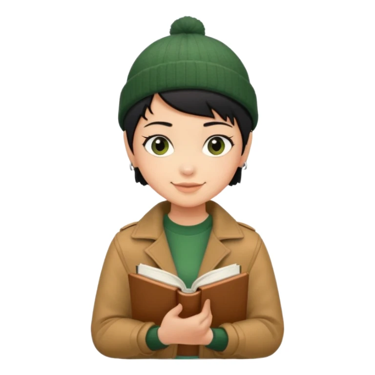 tan skin, non binary person with pixie cut black hair, wearing brown jacket and dark green beanie, shy smile , holding up  book  sticker
