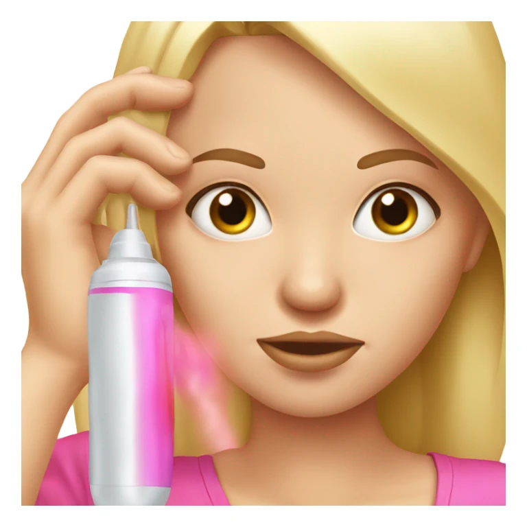 blonde woman with a hot fever taking temperature in ear , pink realistic sticker