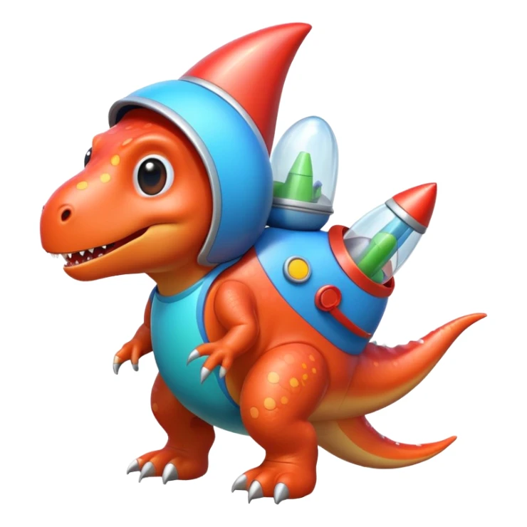 cute toy-like rocket-propelled dinosaur, rounded shapes, glossy texture, colorful rocket backpack, happy expression, 3D cartoon, mobile game icon style, clean background, no text, no watermark
 sticker
