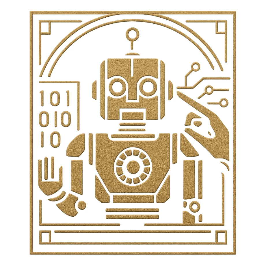 art deco logo of a robot being programmed, geometric shapes, metallic accents, elegant lines, symmetrical design, minimal color palette sticker