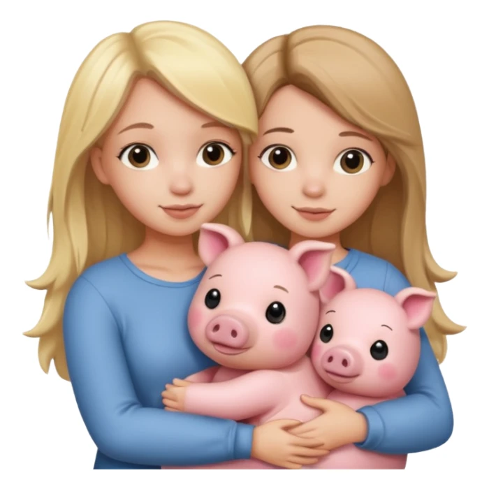 Girlfriends, blonde and brunette, hugging a teddy bear and a little pig sticker
