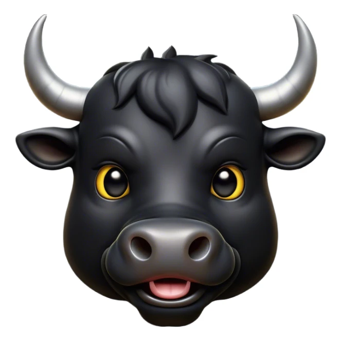 Cinematic Comical Black Bull Portrait Emoji, Head tilted dramatically with an exaggeratedly amused expression, featuring a striking, glossy black hide with a bold natural sheen, wide, expressive dark eyes filled with playful disbelief, Simplified yet hilariously expressive features, highly detailed, glowing with a slightly sassy glow, high shine, dramatic yet playful, stylized with an air of cheeky mischief, bright and endearing, soft glowing outline, capturing the essence of a spirited and over-the-top bull, so meme-worthy it feels like it could charge its way into internet fame instantly! sticker