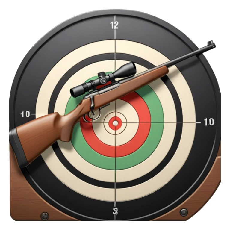 A detailed image of a rifle aimed at a target, with the target's concentric rings clearly visible. The focus is on the precision and accuracy of the sport, with the rifle positioned in front of a neutral background, emphasizing the equipment and the competitive nature of shooting. sticker