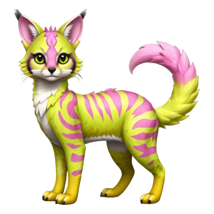 Cute kawaii cool edgy badass  vivid tropical mango-lime-pink splash-patterned silky fur fantasy-caracal-civet-genet-sergal-vernid-Gryphon-Cacomistle-Trico-oncilla-animal-Fakémon-hybrid-fursona (full body), facial markings, (realism style) sticker