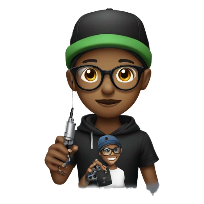 black cap, hoodie and glasses boy  holding an tattoo machine sticker