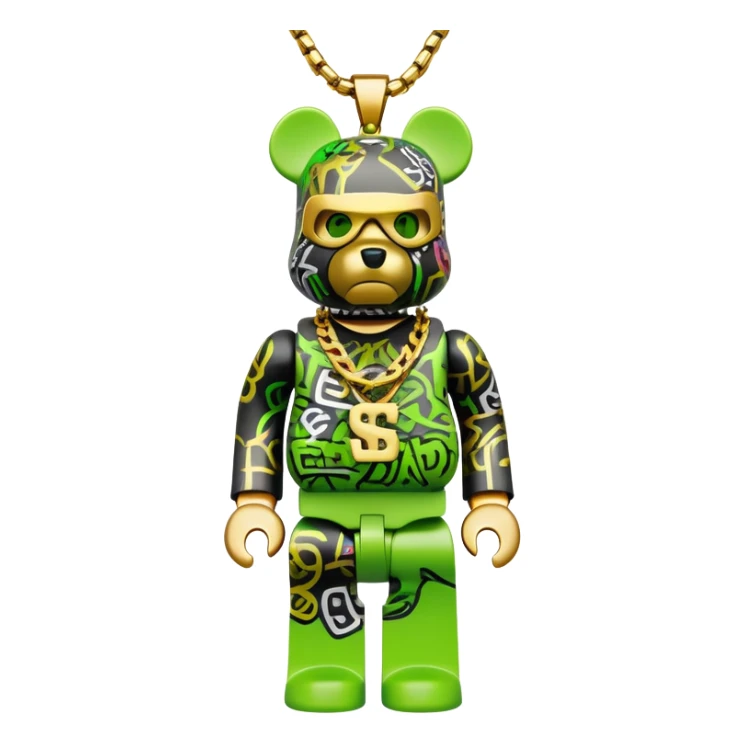 classic bearbrick figure with lime green mask covered in chaotic brand logos, wearing several large gold chains, gold pendant, rapper style accessories, expressive eyebrows sticker