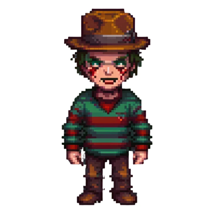 Freddy Krueger in pixel art style, menacing pose, classic striped sweater sticker