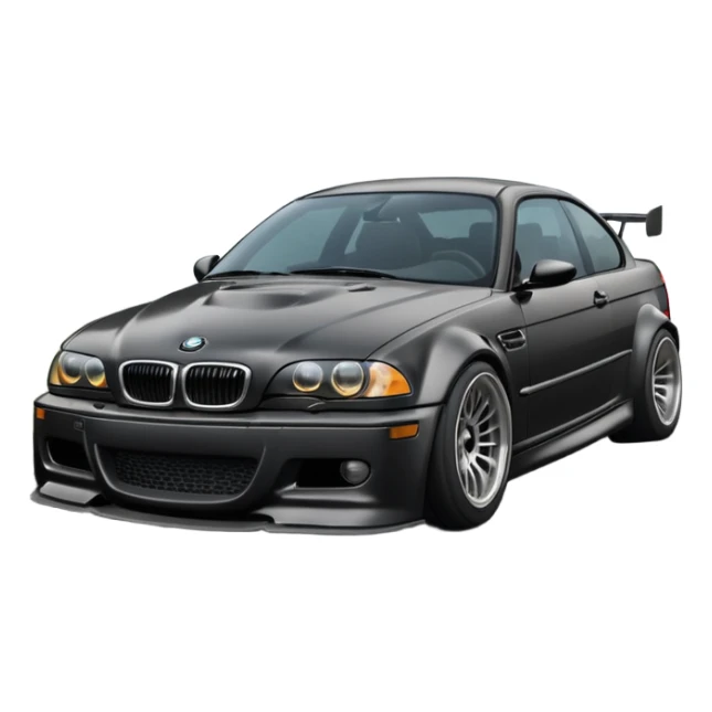 
A BMW M3 E46 is drifting through a corner, with a slight wisp of smoke coming from the rear and the wheels positioned at an angle relative to the turn.Road can see clearly  sticker