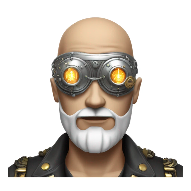 Bald cyborg head with silver steampunk goggles, white beard and circuits sticker
