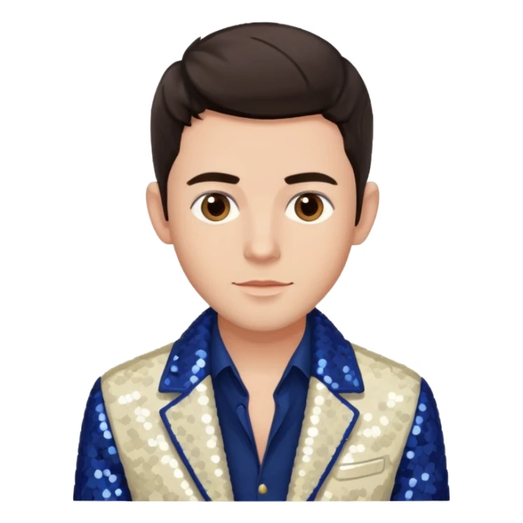 Jonathan Bailey with dark brown hair, brown eye, ivory sequin jacket, navy blue shirt sticker