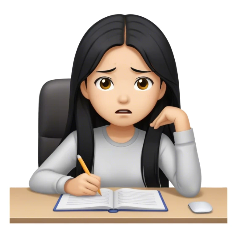 asian long hair girl frustrated studying at desk with computer  sticker