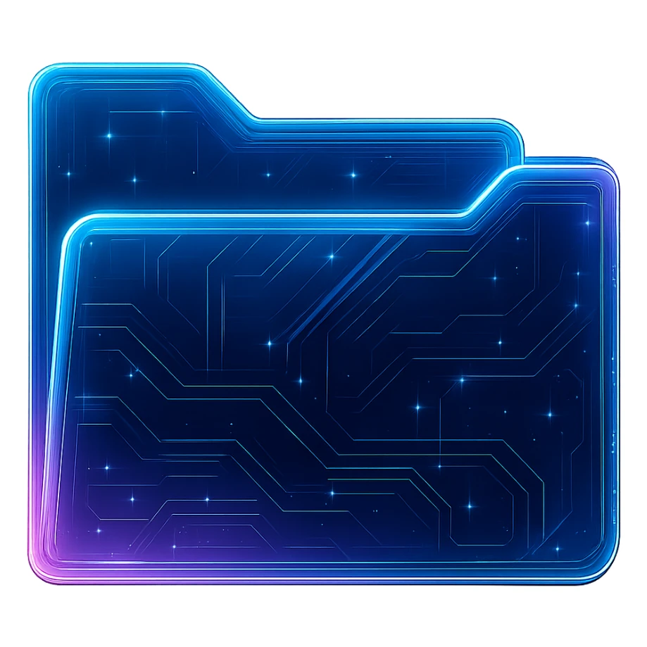 Edit the cyberpunk folder icon to make it look open, as if the top flap is lifted, without changing the design, style, or perspective. Keep the glowing neon blue and pink edges, circuit patterns, and transparent background exactly as they are. Maintain the original cyberpunk style and look while only adjusting the folder to appear open. sticker