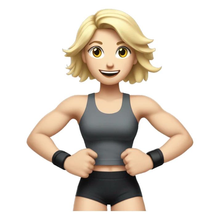 Close up Actively gesturing  with hands Pale skinned Fit woman With the biceps and blonde hair in dark gray Sleeveless Mike, black sports shorts, watch and white Sneakers sticker