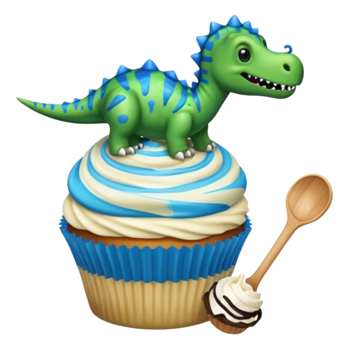A cupcake having blue and black icing and a dinosaur as a decoration and ice cream next to it sticker