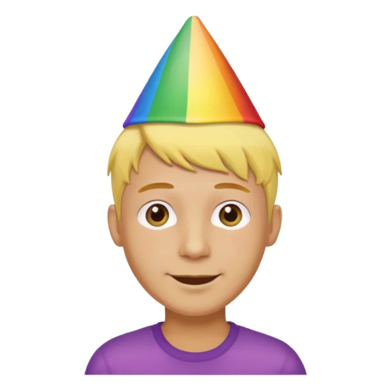 man, short yellow hair, rainbow birthday hat, happy sticker