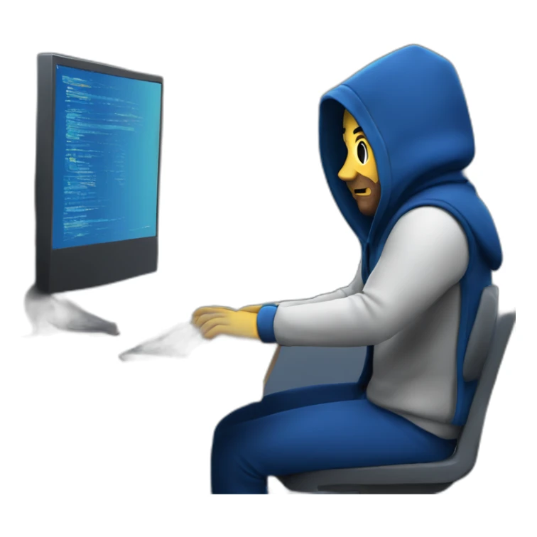 Adult Developer with a dark blue hood behind his computer and focus on his code  sticker