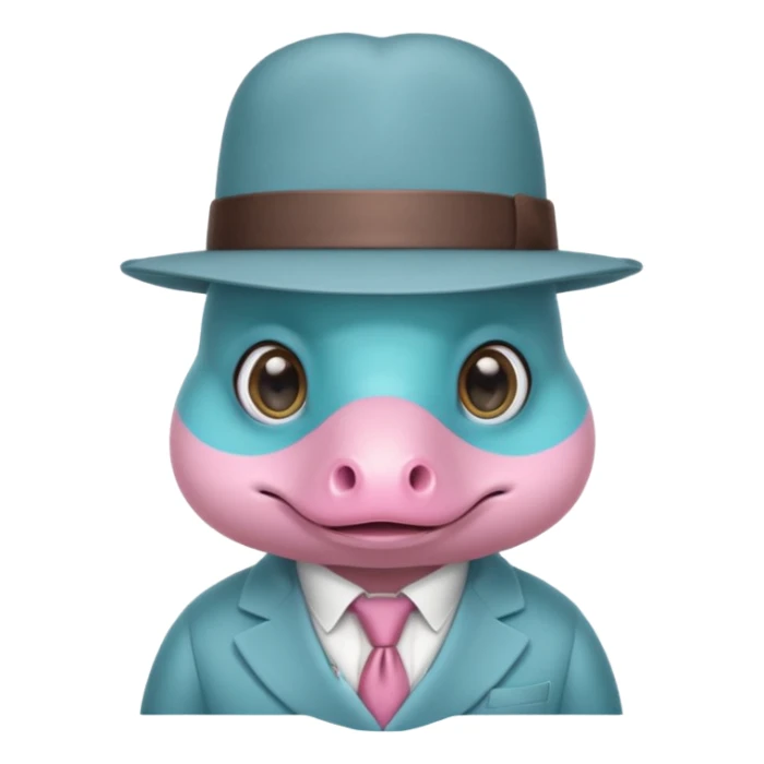 cute light blue turqiouse platypus head, mysterious with very big eyes with a detective hat and monocle on his eye, no  hands, looks like a platypus but blue, the hat and suit are pink sticker