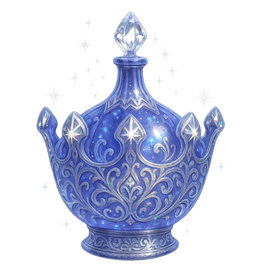 modernus prabangus eliksyro buteliukas, karūnos forma, spalva #7986cb, išraiškingi holografiniai ir sidabriniai filigranai, kristalo švytėjimas, žėrintys magiški efektai, šviesos lūžiai, labai mažas kaklelis, ornamentuotas vientisas dugnas, skaidrus fonas, be šešėlio, aiškiai plūduriuoja ore, nestovi, kolekcijos stilius, maksimaliai gražus sticker