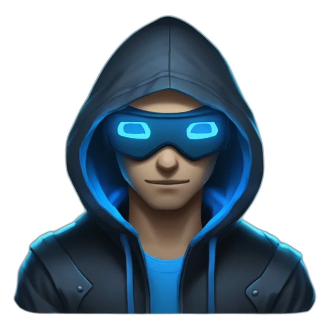 developer behind his laptop with this style : Riot Games Valorant neon blue eyes glowing bright blue character blue black hooded assassin themed character sticker