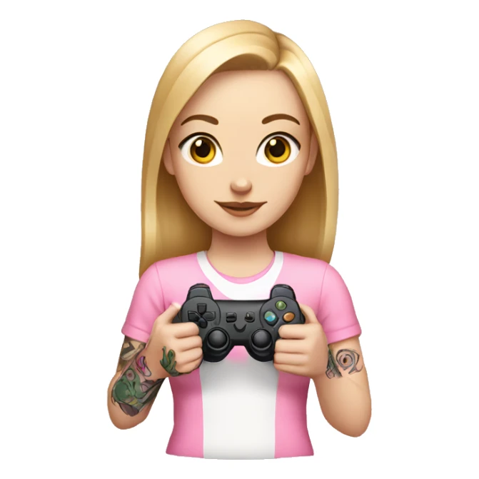 White girl with arm tattoo holding a pink game controller sticker