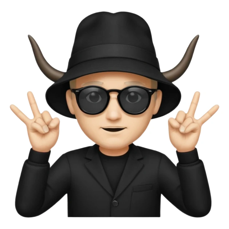 man dressed in black with dark glasses black Lens and a black hat making the horns gesture with both fingers hands sticker