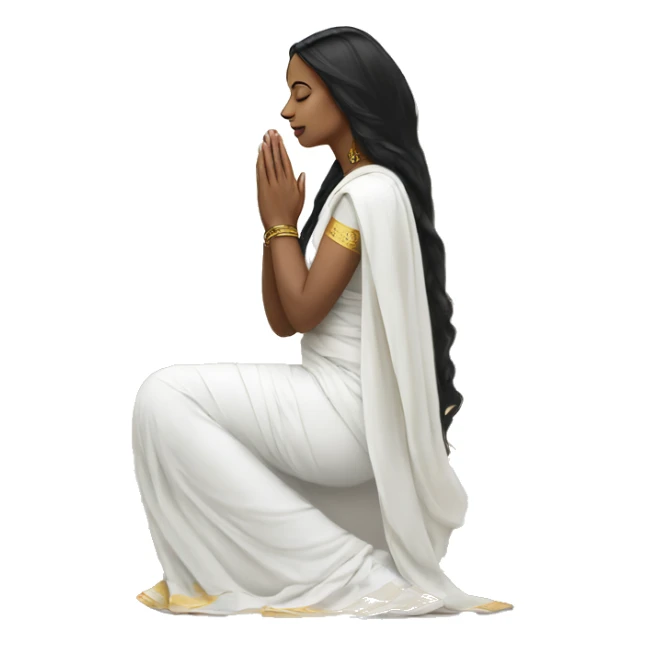 Light skin ;Black long hair wearing white saree praying infront a white temple sticker